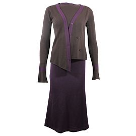 Completo Chanel 3 Pezzi Cardigan Top e Gonna Lana Cashmere Marrone Viola Marrone Porpora