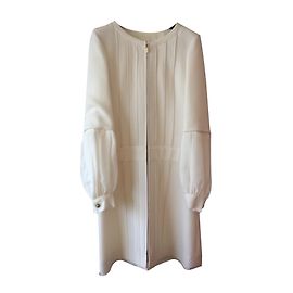 Chanel White Wool Coat Dress with Chiffon Sleeves White