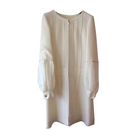 Chanel-White Wool Coat Dress with Chiffon Sleeves-White