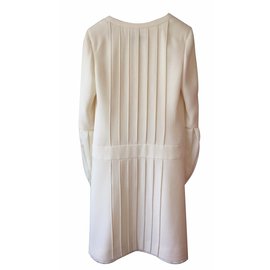 Chanel-White Wool Coat Dress with Chiffon Sleeves-White
