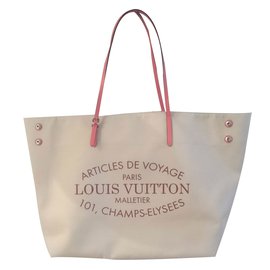 Louis Vuitton-Cabas en toile écru et cuir corail-Beige