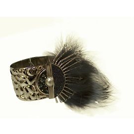 Pulseira Fendi de Prata com Pele de Raposa Azul e Preta Prata Azul