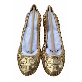 TORY BURCH GOLD Brand Huarache Logo Ballet Metallic Woven Leather Flats Metallic