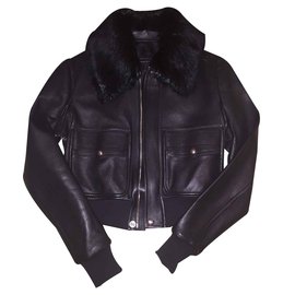 Givenchy-chaqueta de cuero con piel IT38-Negro