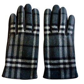 Burberry-Gants cuir et laine check-Noir