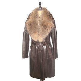 Weill Brown Leather Coat with Fox Fur Collar Brown