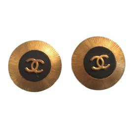 Chanel-Boucles d'oreille-Noir,Doré