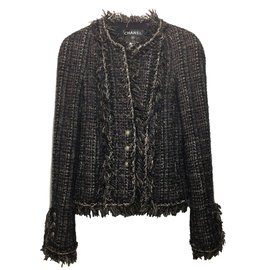Chanel tweed Jacket Brown Black Silvery Grey