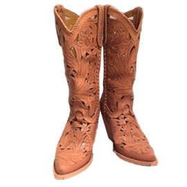 Jean Paul Gaultier Botas vaqueras de cuero de encaje Beige Caramelo