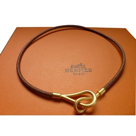 Hermès Collier cuir HERMES modèle jumbo plaqué or Caramel