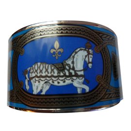 Hermès-Bracelet neuf HERMES en émail modèle Grand Apparat platine et bleu taille XL (70 mm intérieur)-Bleu
