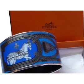 Hermès-Bracelet neuf HERMES en émail modèle Grand Apparat platine et bleu taille XL (70 mm intérieur)-Bleu