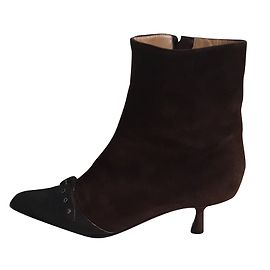 Botas de Tornozelo Chanel Castanhas em Veludo e Couro 37 Marrom