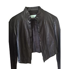 Guess by Marciano Black Lambskin Leather Cropped Jacket Black