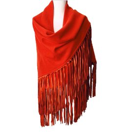 Hermès Kaschmirschal mit Lammfellfransen Orange