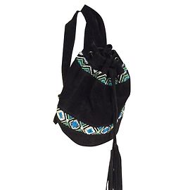 Mochila Antik Batik de couro preta com bordado de contas azuis Preto