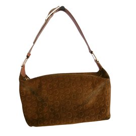 Céline-Leather Suede Monogram Logo Shoulder Bag-Brown