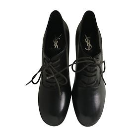 Yves Saint Laurent Black Leather Lace Up Platform Ankle Boots Black