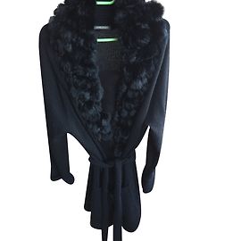 Cardigan Marina Rinaldi preto de lã e caxemira com pelo e cinto Preto