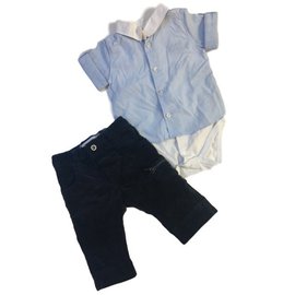 Burberry-Set : Burberry pants in navy blue cotton velvet + Hugo Boss sleepsuit style shirt in blue and white cotton-White,Blue