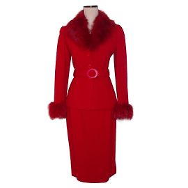 Autre Marque Donatella Red Wool and Fox Fur Skirt Suit Red