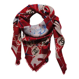 Chanel-Chanel cashmere and silk scarf-White,Red,Blue