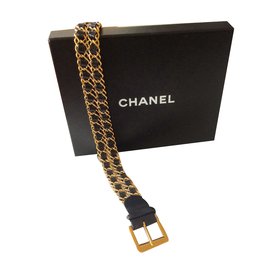 Chanel-Belle ceinture cuir noir et chaines dorées-Noir