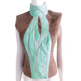 Vintage Gianni Versace Couture Python Skin Suede Top Brown Green