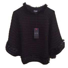 Armani Jeans-Armani black fur&wool poncho-New-Black