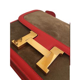Hermès-Hermes constance 24Bolso de cuero de gamuza cm con herrajes de oro rosa-Roja,Dorado,Castaña