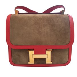 Hermès-Hermes Constance 24cm Suede Leather Bag with Rose Gold hardware-Red,Golden,Chestnut
