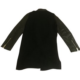 Zara-Manteau en laine bouillie & cuir-Noir