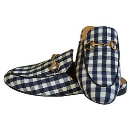 Mulas Gucci de couro xadrez azul marinho e branco 36 Multicor