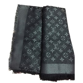 Louis Vuitton-Silk scarves-Black,Silvery,Metallic