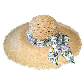 Gucci-Gucci cappello in paglia a tesa larga in seta flora cappello nuovo genuino 100% Per donne-Beige