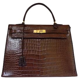 Hermès-Bolso de hermes kelly 35 cm cocodrilo color marrón vintage-Castaño
