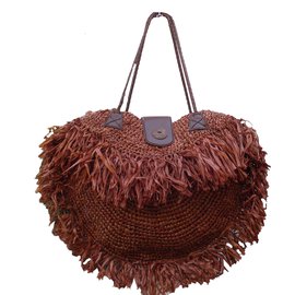 Autre Marque XL Strohtasche mit Fransen Dunkelbraun Dunkelbraun