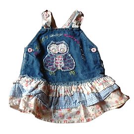 Autre Marque Denim Dress with Embroidered Owl and Ruffles Blue 6 Months Blue
