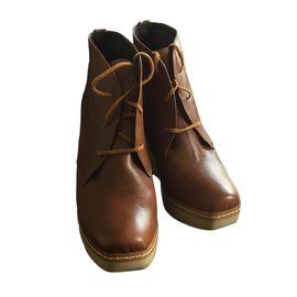 Autre Marque Cognac Leather Lace Up Ankle Boots Cognac