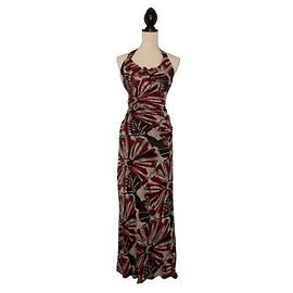 Autre Marque Robe Longue en Soie Dos Nu Taupe Marron