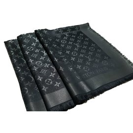 Louis Vuitton-Louis Vuitton clásico monograma negro plata bufanda brillo-Negro