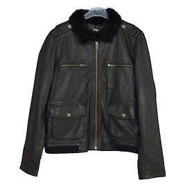 One step Black Lamb Leather Jacket with Rabbit Fur Collar Black