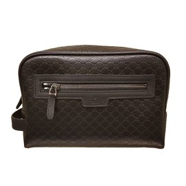 Gucci-New Gucci Men's 419775 BLACK  Leather Micro GG Guccissima Large Toiletry Dopp Bag-Black