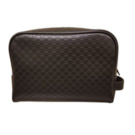Gucci-New Gucci Men's 419775 BLACK  Leather Micro GG Guccissima Large Toiletry Dopp Bag-Black
