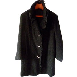 inconnue-Manteau en lainage noir avec franges et boutons originaux-Noir