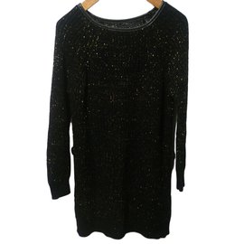 Autre Marque Schwarzes Wollstrickkleid mit Goldfäden Schwarz