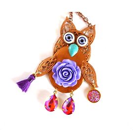 Autre Marque Collana lunga con gufo in metallo ramato e cristalli rosa Rame