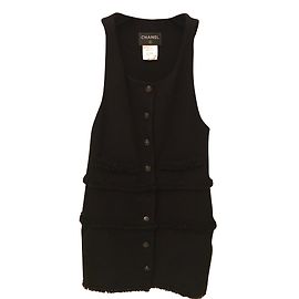 Vestido túnica Chanel preto de seda e lã com botões de logo Preto