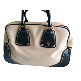 Borsa Prada in pelle e tela nera e beige Nero Beige