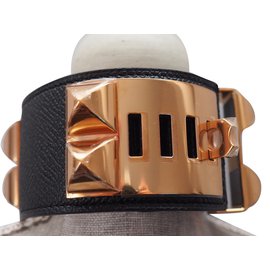 Hermès-BRACELET COLLIER DE CHIEN HERMES EN VEAU EPSON  PLAQUE OR ROSE-Noir